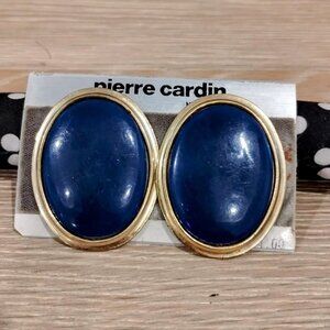 Vintage 1980s Blue Enamel & Gold Tone Oval Clip-On Earrings - Cardin Style